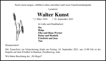Traueranzeige von Walter Kunst von Lübecker Nachrichten