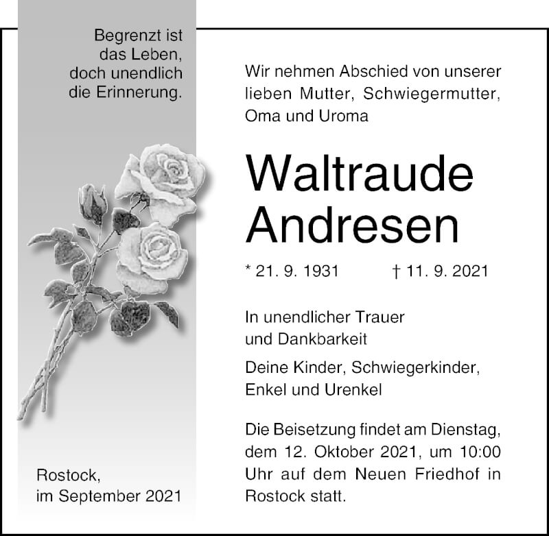  Traueranzeige für Waltraude Andresen vom 18.09.2021 aus Ostsee-Zeitung GmbH