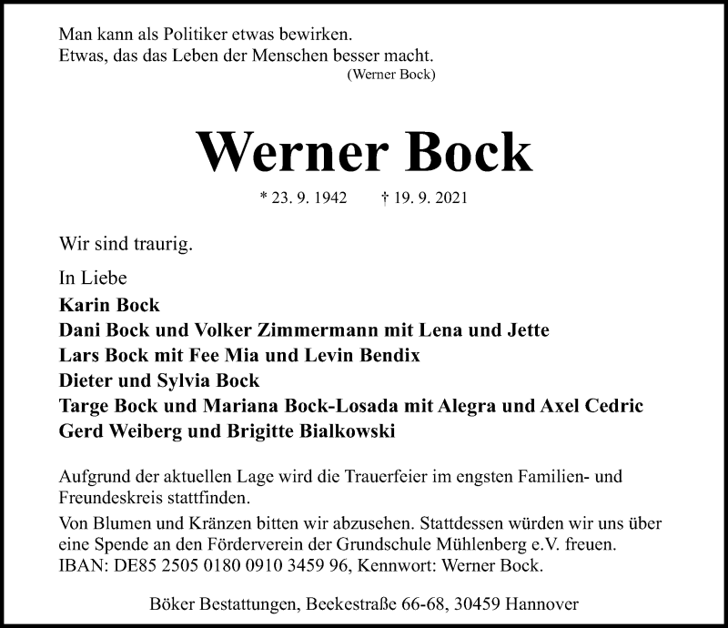  Traueranzeige für Werner Bock vom 25.09.2021 aus Hannoversche Allgemeine Zeitung/Neue Presse