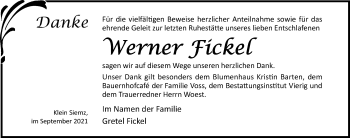 Traueranzeige von Werner Fickel von Ostsee-Zeitung GmbH