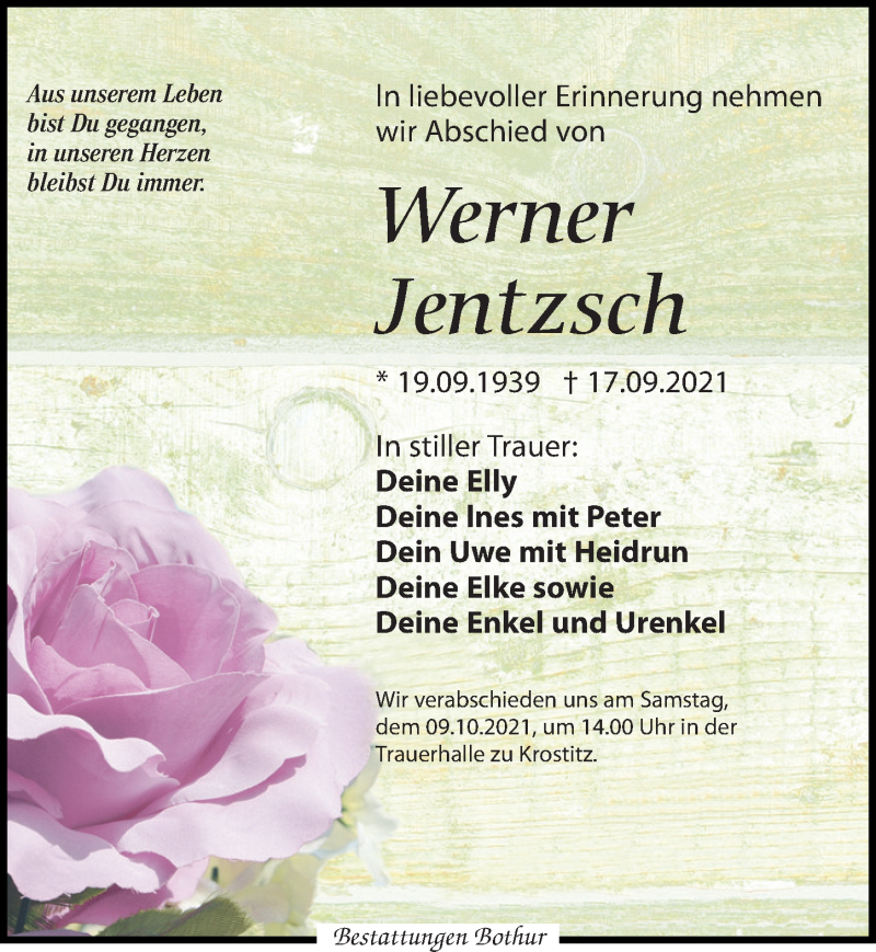  Traueranzeige für Werner Jentzsch vom 25.09.2021 aus Leipziger Volkszeitung