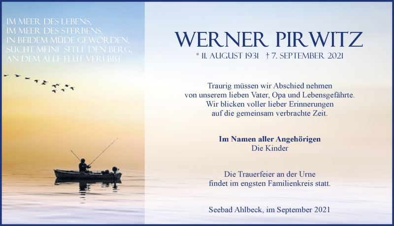  Traueranzeige für Werner Pirwitz vom 11.09.2021 aus Ostsee-Zeitung GmbH