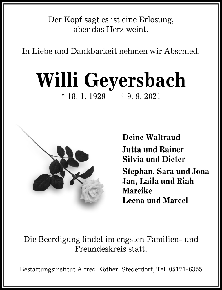  Traueranzeige für Willi Geyersbach vom 14.09.2021 aus Peiner Allgemeine Zeitung