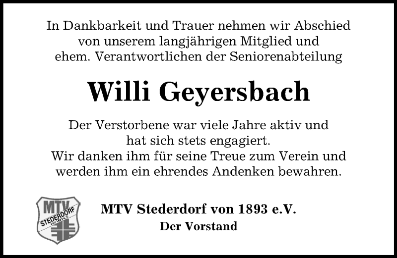  Traueranzeige für Willi Geyersbach vom 22.09.2021 aus Peiner Allgemeine Zeitung