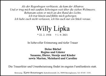 Traueranzeige von Willy Lipka von Hannoversche Allgemeine Zeitung/Neue Presse
