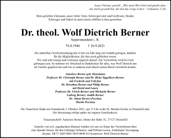 Traueranzeige von Wolf Dietrich Berner von Göttinger Tageblatt