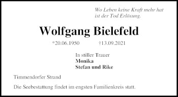 Traueranzeige von Wolfgang Bielefeld von Lübecker Nachrichten
