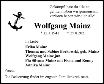 Traueranzeige von Wolfgang Mainz von Kieler Nachrichten