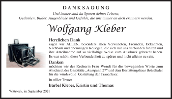 Traueranzeige von Wortgang Kleber von Märkischen Allgemeine Zeitung