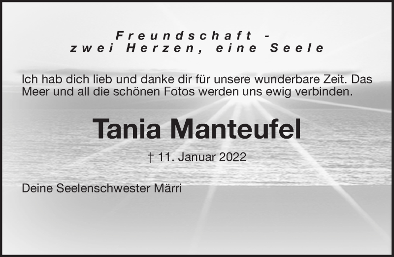  Traueranzeige für Tania Manteufel vom 31.01.2022 aus Ostsee Zeitung 