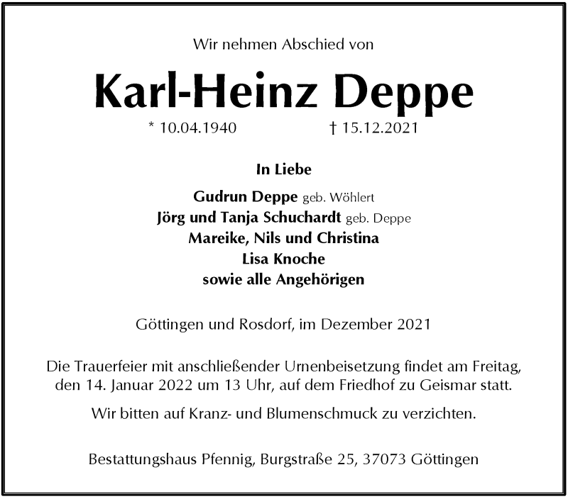  Traueranzeige für Karl-Heinz Deppe vom 18.12.2021 aus Göttinger Tageblatt