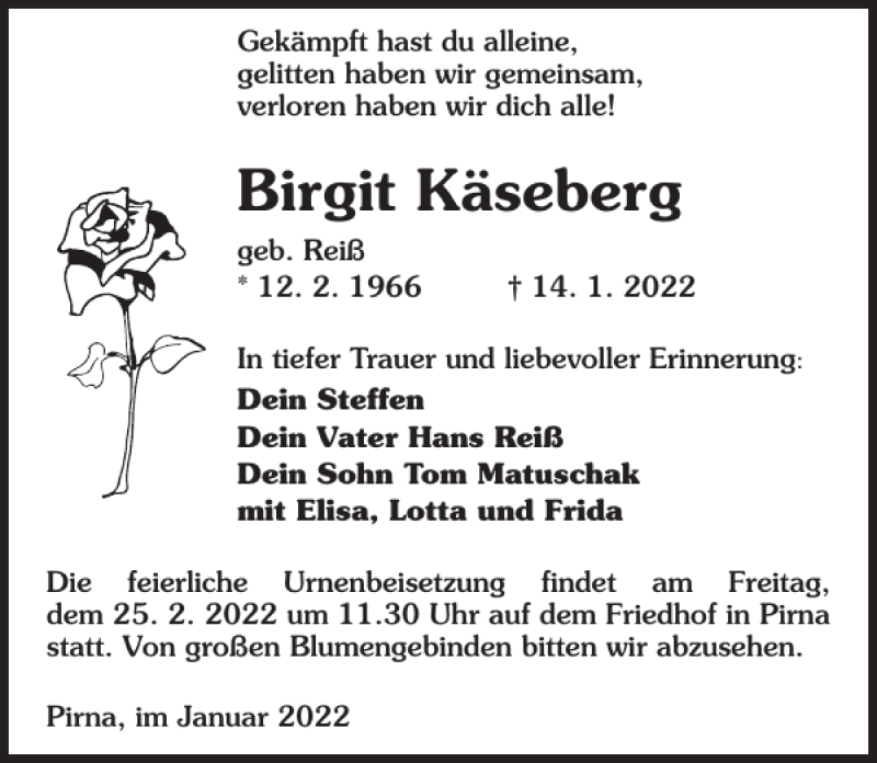  Traueranzeige für Birgit Käseberg vom 26.01.2022 aus Sächsische Zeitung