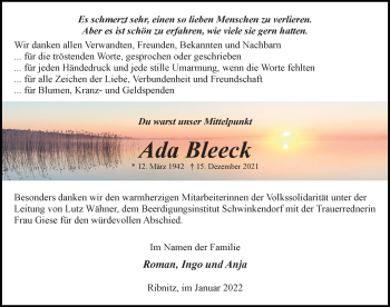 Traueranzeige von Ada Bleeck von Ostsee-Zeitung GmbH