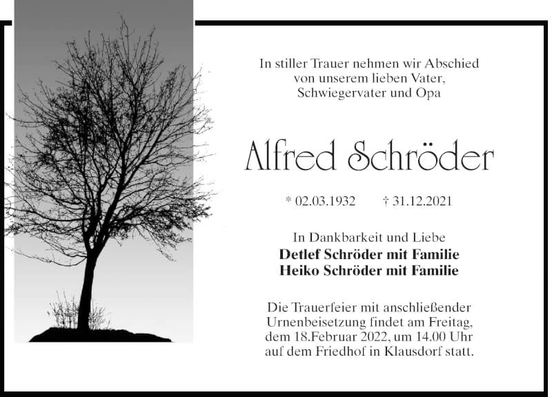  Traueranzeige für Alfred Schröder vom 29.01.2022 aus Märkischen Allgemeine Zeitung
