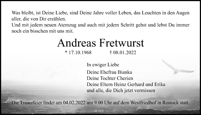  Traueranzeige für Andreas Fretwurst vom 15.01.2022 aus Ostsee-Zeitung GmbH