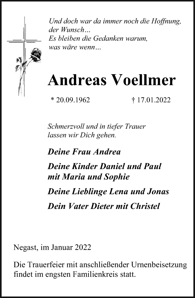  Traueranzeige für Andreas Voellmer vom 22.01.2022 aus Ostsee-Zeitung GmbH