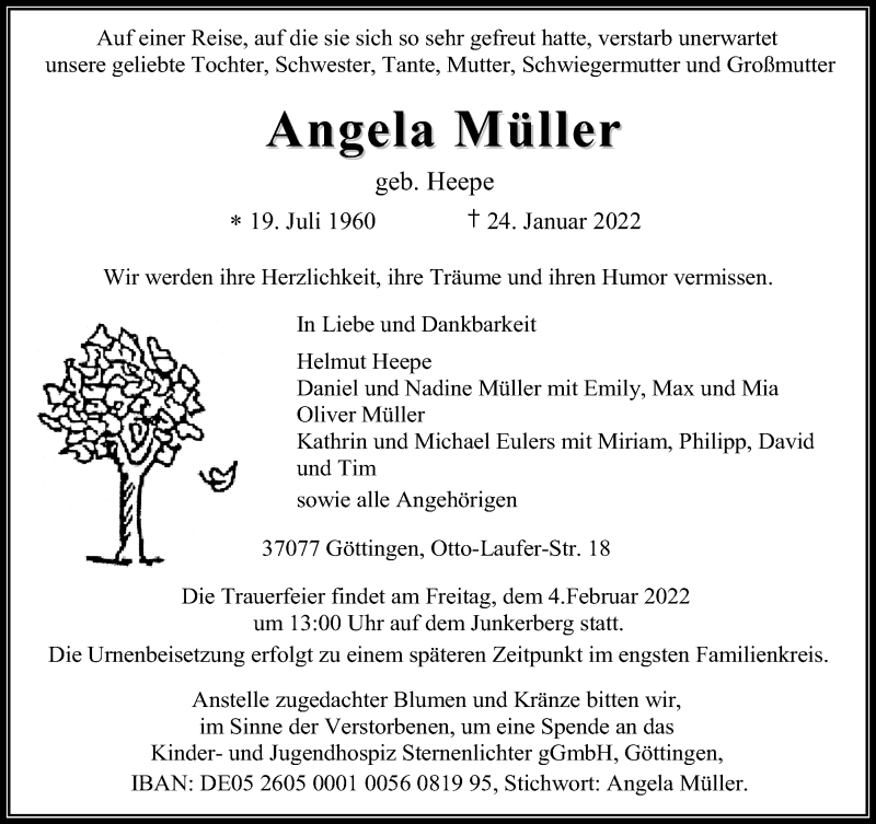  Traueranzeige für Angela Müller vom 29.01.2022 aus Göttinger Tageblatt