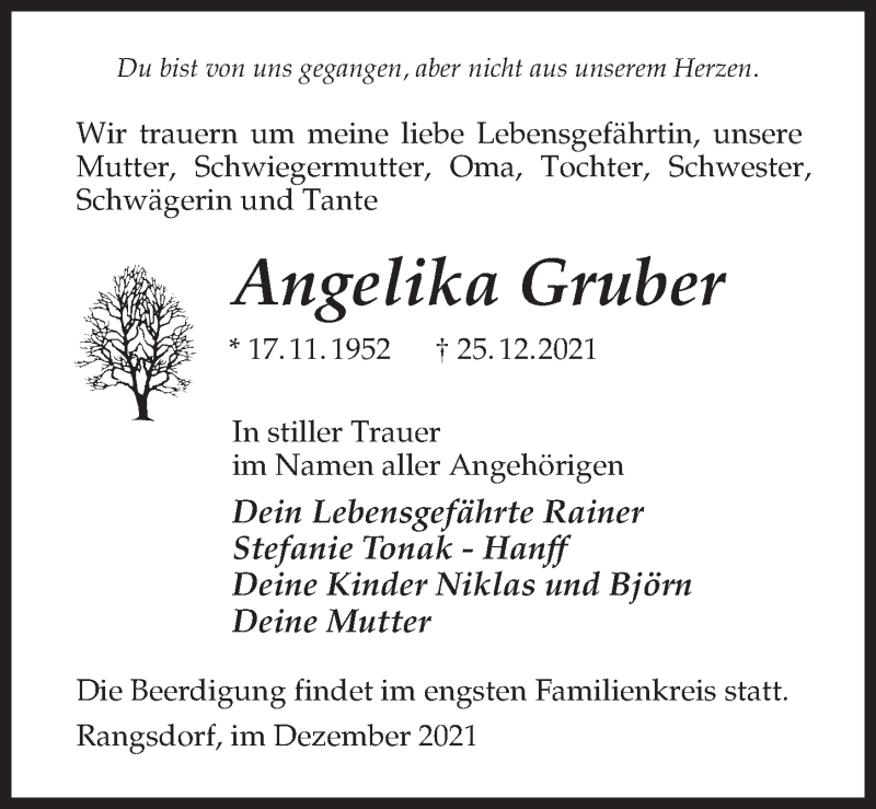  Traueranzeige für Angelika Gruber vom 30.12.2021 aus Märkischen Allgemeine Zeitung