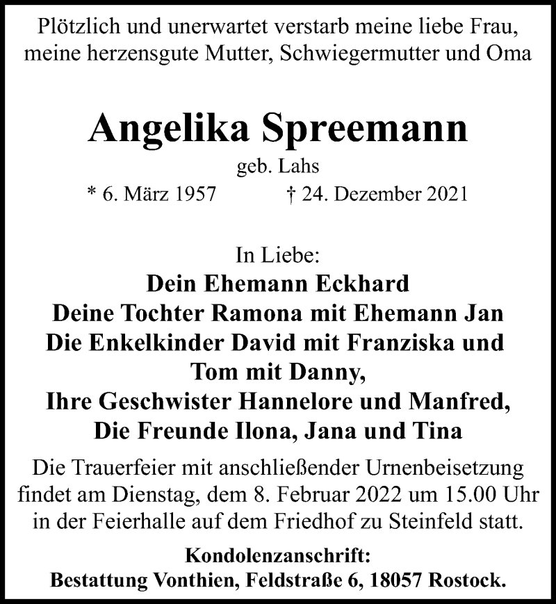  Traueranzeige für Angelika Spreemann vom 15.01.2022 aus Ostsee-Zeitung GmbH