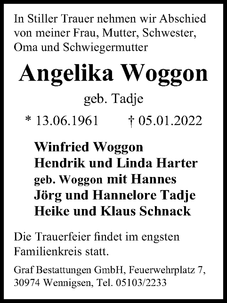  Traueranzeige für Angelika Woggon vom 12.01.2022 aus Hannoversche Allgemeine Zeitung/Neue Presse