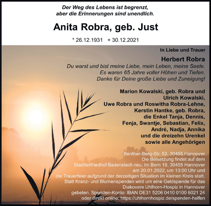  Traueranzeige für Anita Robra vom 15.01.2022 aus Hannoversche Allgemeine Zeitung/Neue Presse