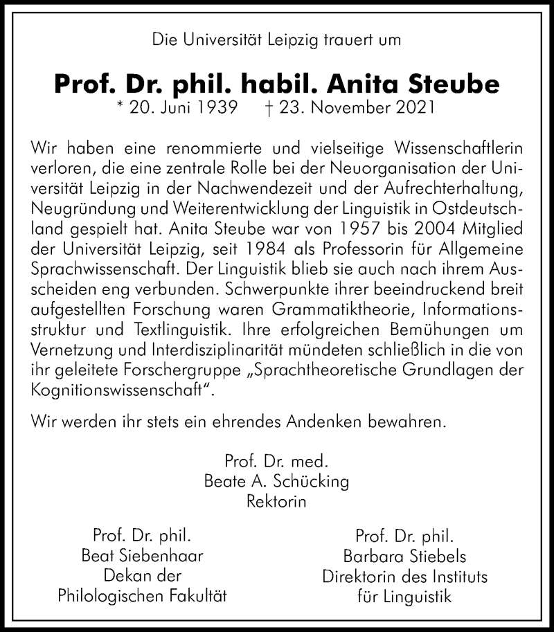  Traueranzeige für Anita Steube vom 08.01.2022 aus Leipziger Volkszeitung
