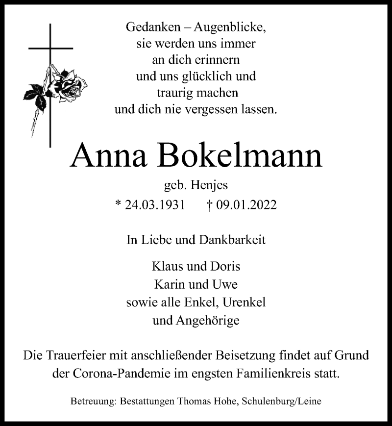  Traueranzeige für Anna Bokelmann vom 12.01.2022 aus Hannoversche Allgemeine Zeitung/Neue Presse