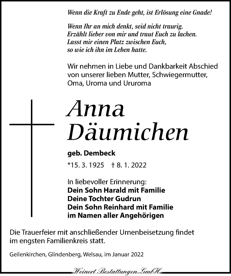  Traueranzeige für Anna Däumichen vom 15.01.2022 aus Torgauer Zeitung