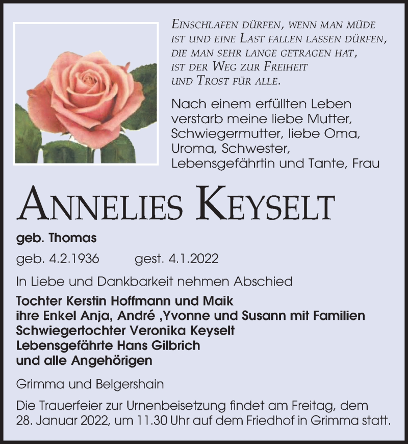  Traueranzeige für Annelies Keyselt vom 08.01.2022 aus Leipziger Volkszeitung