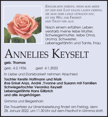 Traueranzeige von Annelies Keyselt von Leipziger Volkszeitung