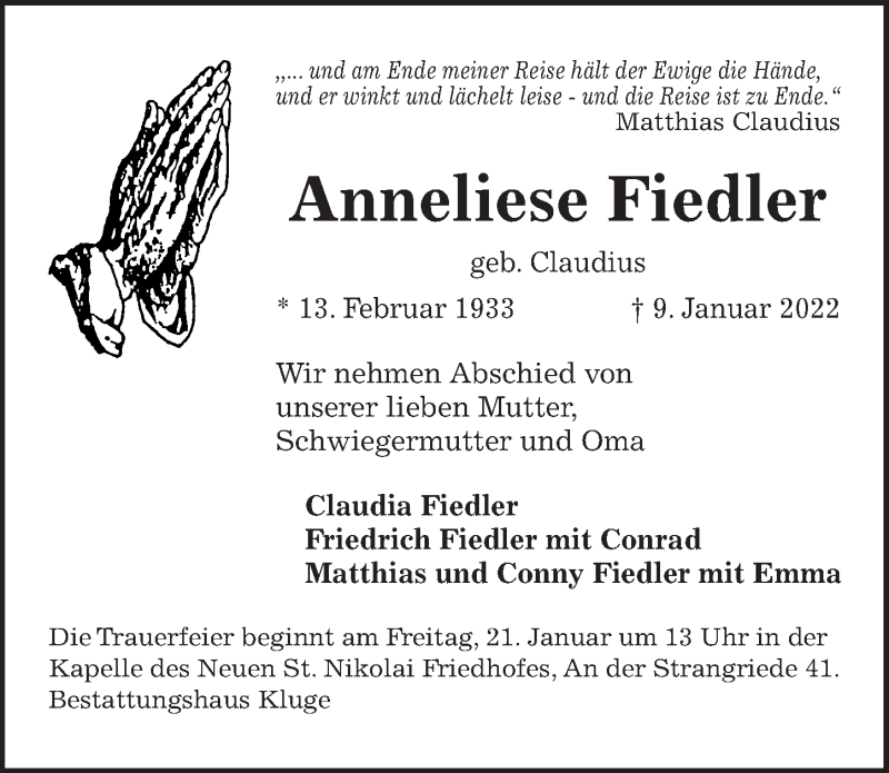  Traueranzeige für Anneliese Fiedler vom 15.01.2022 aus Hannoversche Allgemeine Zeitung/Neue Presse