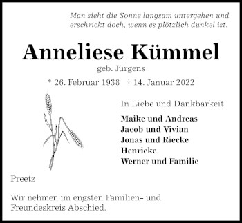 Traueranzeige von Anneliese Kümmel von Kieler Nachrichten