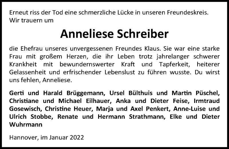  Traueranzeige für Anneliese Schreiber vom 22.01.2022 aus Hannoversche Allgemeine Zeitung/Neue Presse