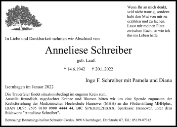 Traueranzeige von Anneliese Schreiber von Hannoversche Allgemeine Zeitung/Neue Presse
