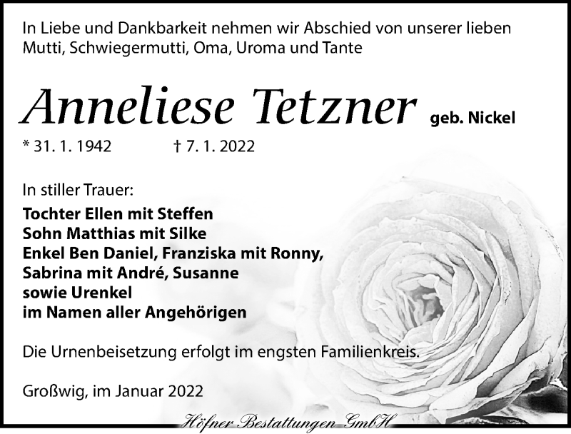  Traueranzeige für Anneliese Tetzner vom 15.01.2022 aus Torgauer Zeitung