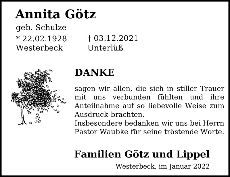  Traueranzeige für Annita Götz vom 15.01.2022 aus Aller Zeitung