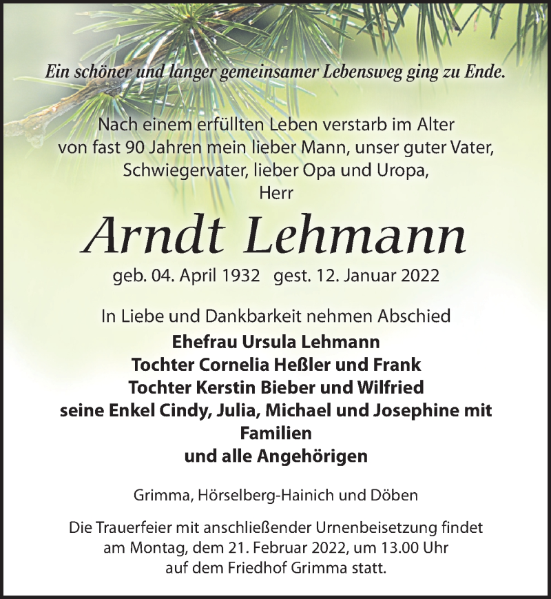  Traueranzeige für Arndt Lehmann vom 15.01.2022 aus Leipziger Volkszeitung