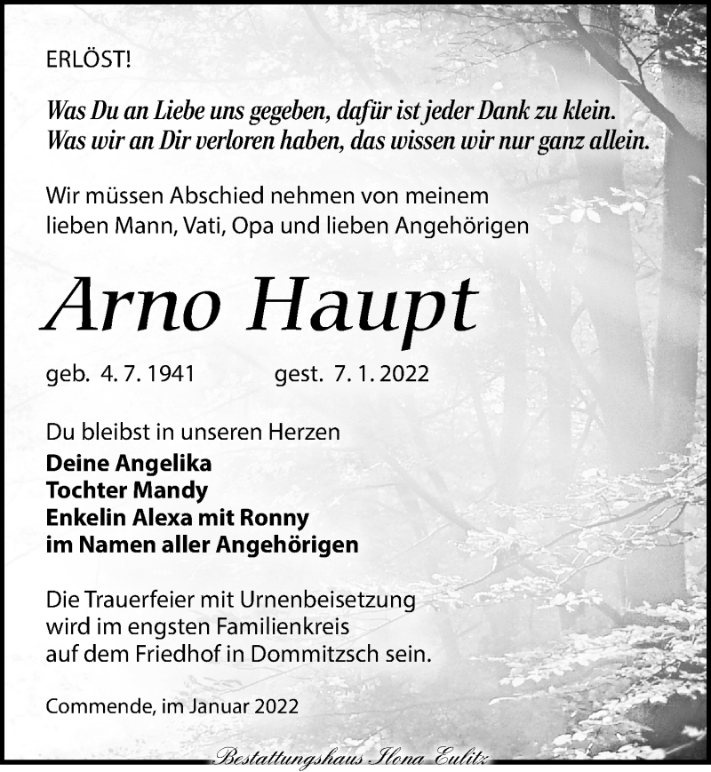  Traueranzeige für Arno Haupt vom 15.01.2022 aus Torgauer Zeitung