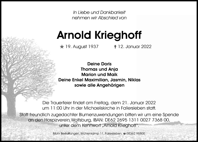  Traueranzeige für Arnold Krieghoff vom 18.01.2022 aus Aller Zeitung