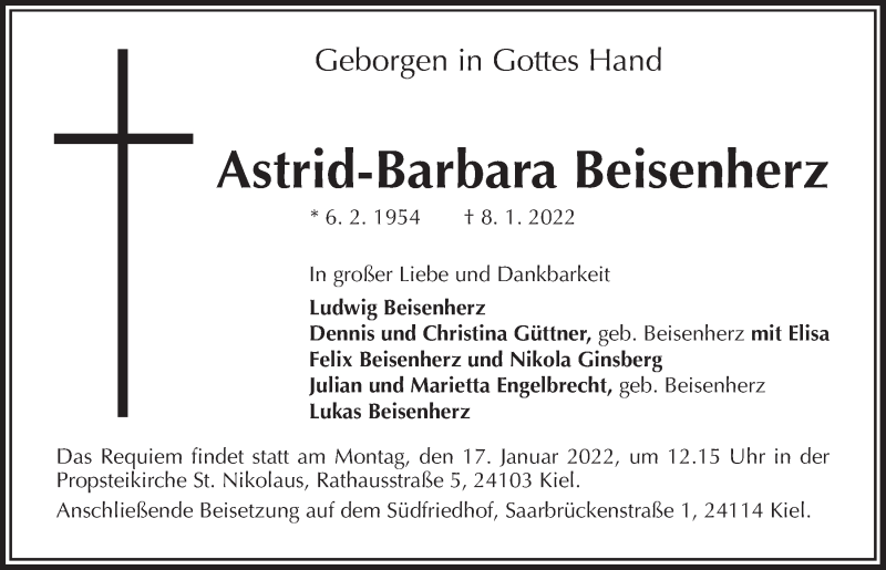  Traueranzeige für Astrid-Barbara Beisenherz vom 15.01.2022 aus Kieler Nachrichten