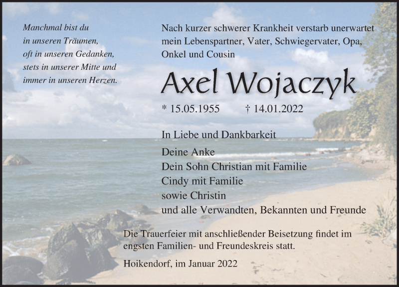  Traueranzeige für Axel Wojaczyk vom 19.01.2022 aus Ostsee-Zeitung GmbH