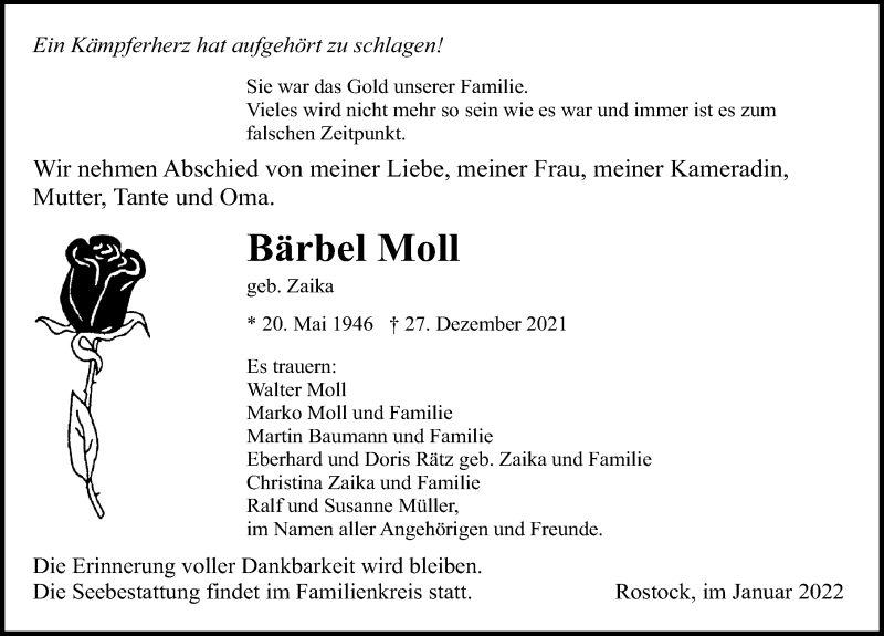  Traueranzeige für Bärbel Moll vom 15.01.2022 aus Ostsee-Zeitung GmbH