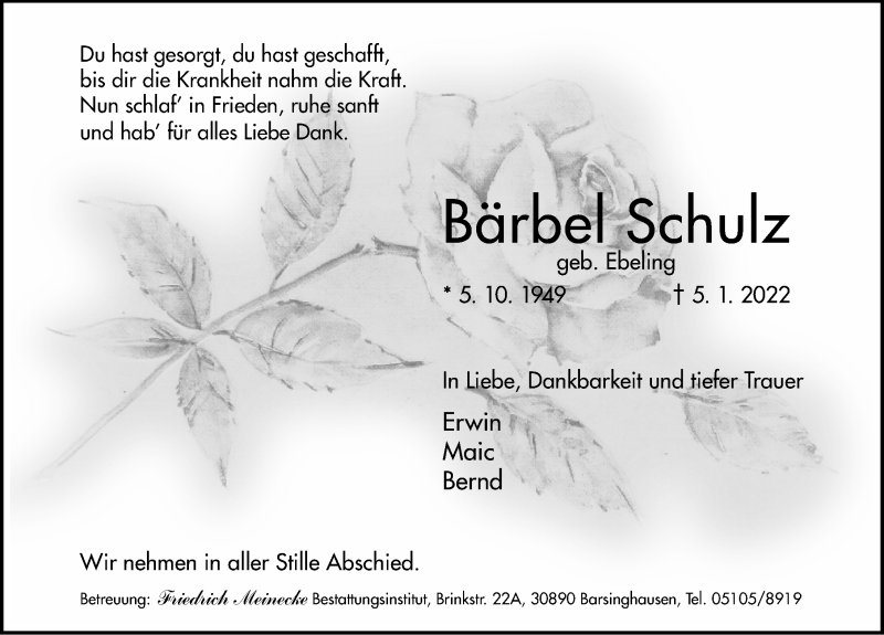  Traueranzeige für Bärbel Schulz vom 08.01.2022 aus Schaumburger Nachrichten