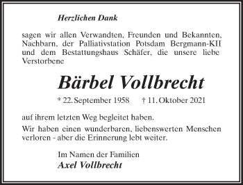 Traueranzeige von Bärbel Vollbrecht von Märkischen Allgemeine Zeitung
