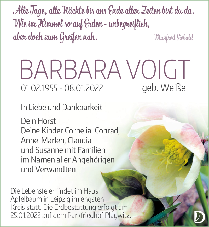  Traueranzeige für Barbara Voigt vom 15.01.2022 aus Leipziger Volkszeitung