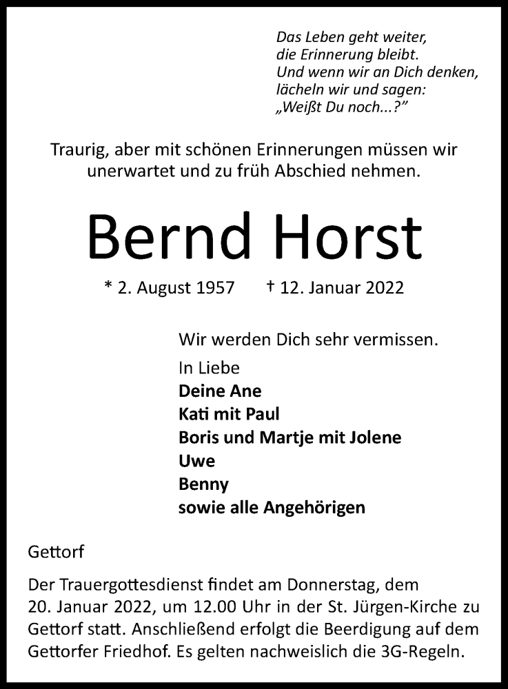  Traueranzeige für Bernd Horst vom 15.01.2022 aus Kieler Nachrichten