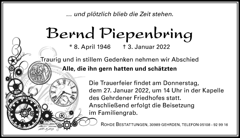  Traueranzeige für Bernd Piepenbring vom 22.01.2022 aus Hannoversche Allgemeine Zeitung/Neue Presse