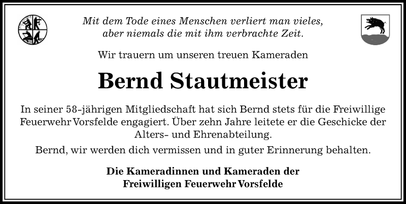  Traueranzeige für Bernd Stautmeister vom 18.01.2022 aus Aller Zeitung