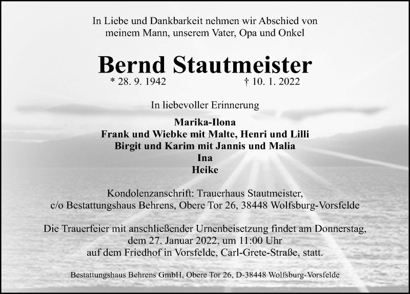  Traueranzeige für Bernd Stautmeister vom 15.01.2022 aus Aller Zeitung