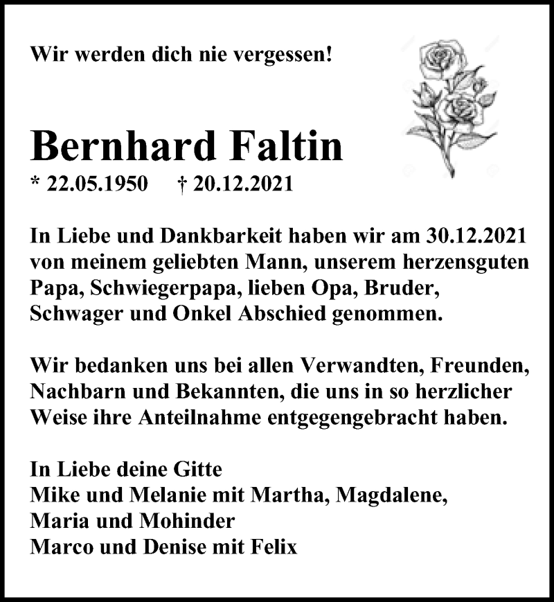  Traueranzeige für Bernhard Faltin vom 08.01.2022 aus Märkischen Allgemeine Zeitung